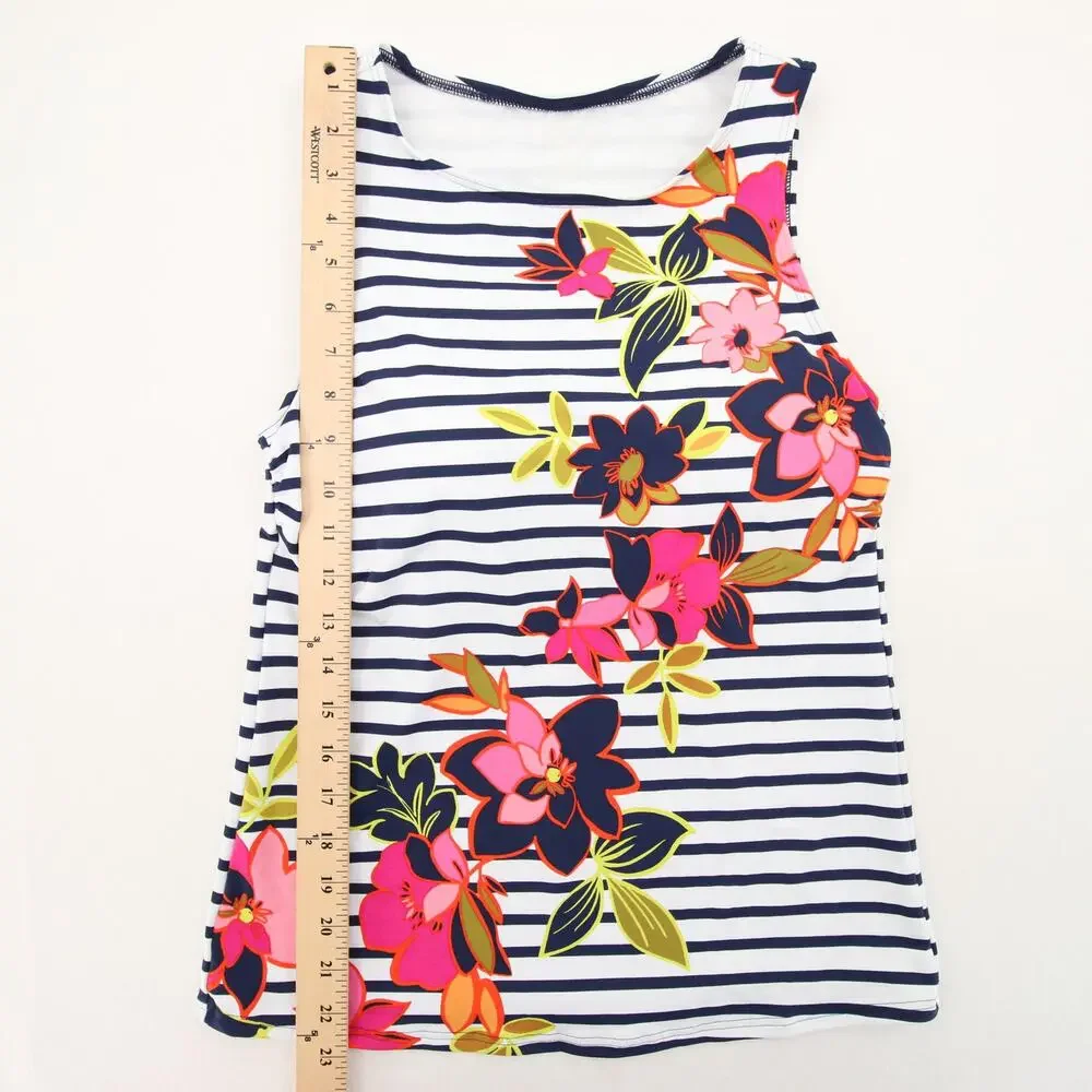 Lands End Tankini Top White Navy Striped Floral Print Round Neck Sleeveless 6 - Picture 4 of 9